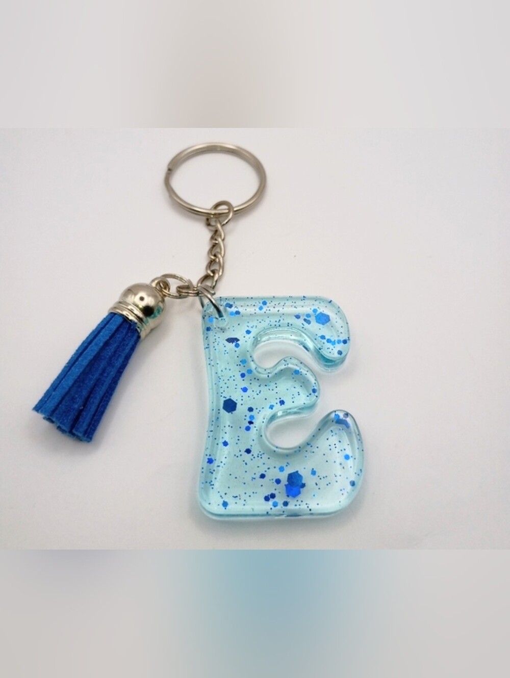 Blue Glitter Resin Letter E Keychain with Tassel